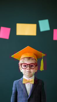 Young boy in a graduation cap and glasses celebrates his accomplishments against a colorful background in a well-dressed outfit photo