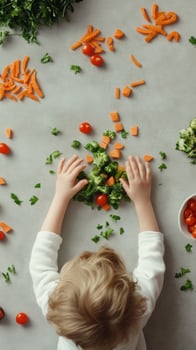 A young child explores fresh vegetables on a kitchen table creating a vibrant and playful arrangement of food at home photo