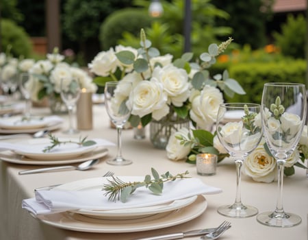 Outdoor garden party table decorated with white roses, eucalyptus leaves, candles, and elegant glassware. photo