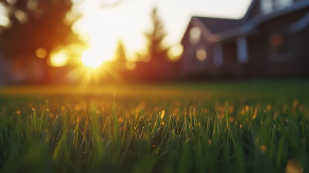 Sunlit grass field in residential area at sunrise illustrating tranquil morning scene photo