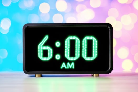 Digital alarm clock glowing at six AM against a futuristic background with soft blue neon lighting photo