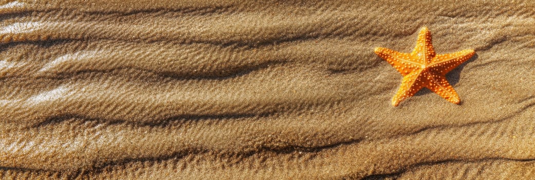 Orange starfish on rippling sandy beach background in bright sunlight photo
