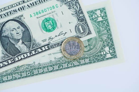 One pound coin positioned on top of one dollar bill showcasing currency exchange photo