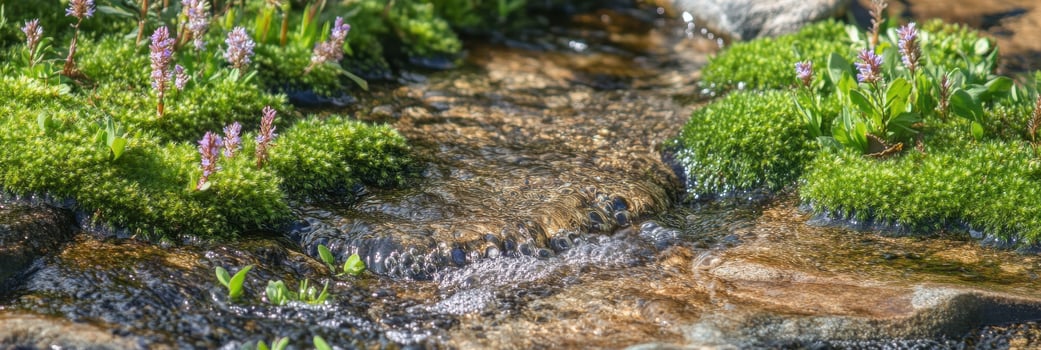 Clear stream flowing through lush green moss and flowering plants photo