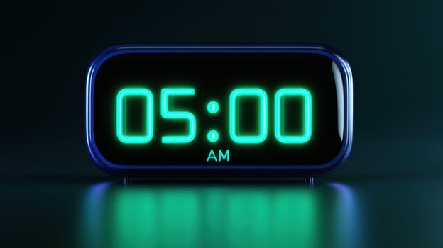 Digital alarm clock displays bright neon green time at five in the morning with a modern, polished black frame photo