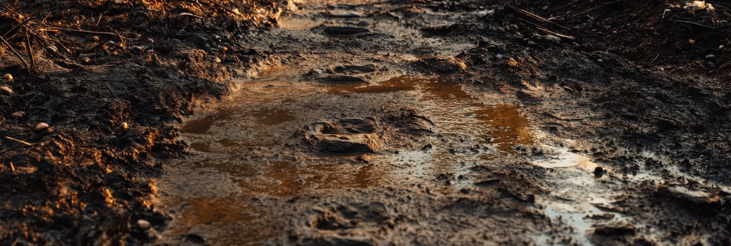 Close-up of muddy path with puddles in natural outdoor setting after rain photo