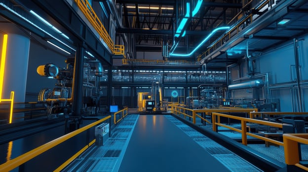Futuristic industrial factory interior with neon lights and pipes photo