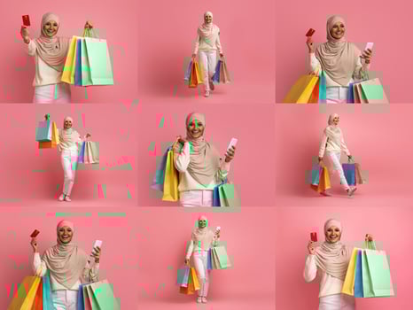 Muslim woman dressed in casual attire is happily showcasing her shopping bags filled with colorful items. She enjoys the thrill of Black Friday discounts and sales photo