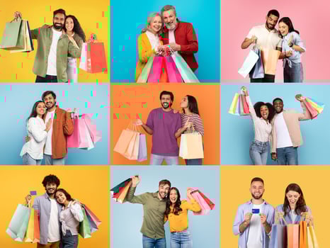 People joyfully engage in shopping, showcasing their purchases with vibrant bags. The atmosphere reflects excitement for discounts during a festive retail event. photo