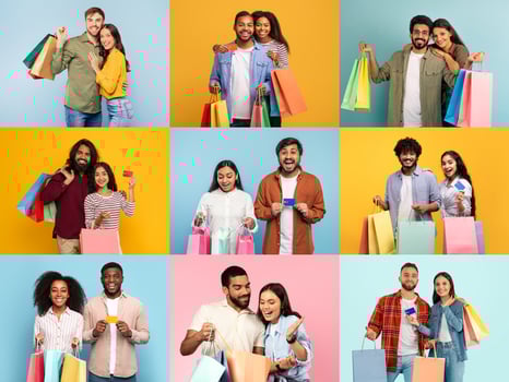 Groups of cheerful shoppers celebrate Black Friday by showcasing their colorful shopping bags. The atmosphere is filled with excitement as consumers indulge in special offers and discounts. photo