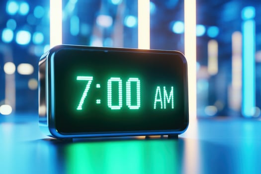Digital alarm clock displays bright green numbers showing seven oclock in the morning against a futuristic metallic background with soft blue neon light photo
