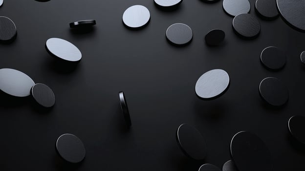 Thin metallic shapes hover on a matte black backdrop, showcasing futuristic minimalist design photo