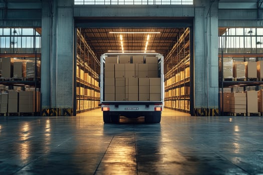 Delivery truck leaving warehouse loading dock photo