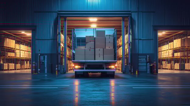 Delivery truck leaving warehouse loading dock with packages. photo