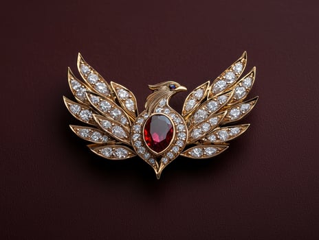 Gold phoenix brooch with ruby and diamonds photo