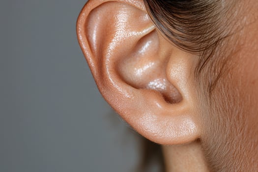 Close up of a persons ear, showing details of skin texture and hair photo