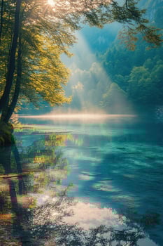 Stunning summer view of the lake in the forest. The first rays of the sun sparkle through the green leaves of the old forest. Magnificent morning landscape of the mountain forest. photo