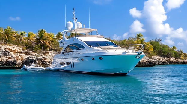 Luxurious Yacht Anchored in Tropical Paradise with Palm Trees and Clear Water photo