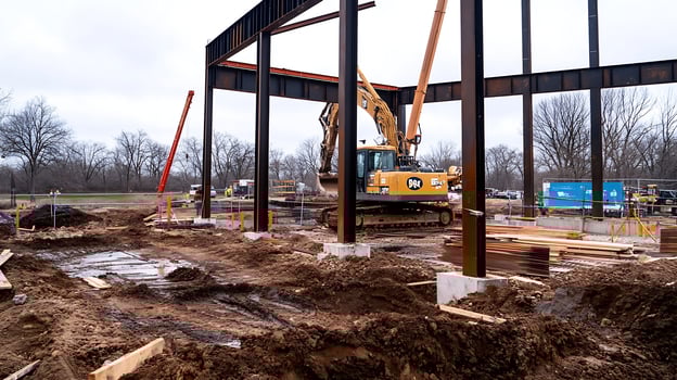 Steel Structure and Excavation Equipment at Commercial Building Construction Site photo