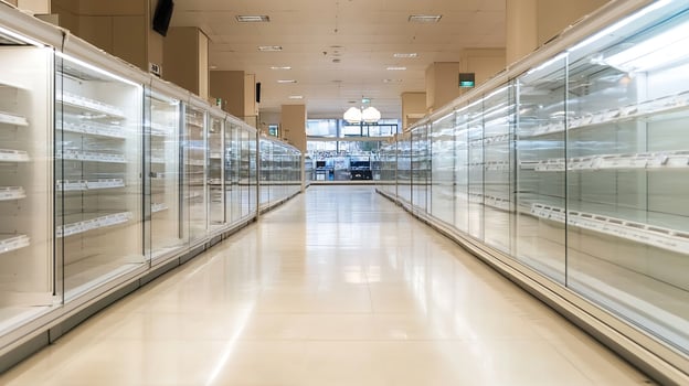 Bright and Spacious Supermarket Aisle with Empty Refrigeration Units photo
