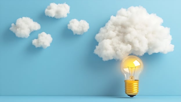 Creative cloud shaped light bulb concept against blue sky background photo