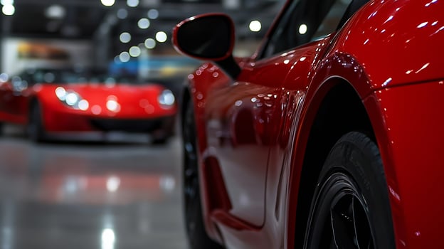 Sleek Red Sports Car in Modern Showroom with Bright Lighting and Reflections photo