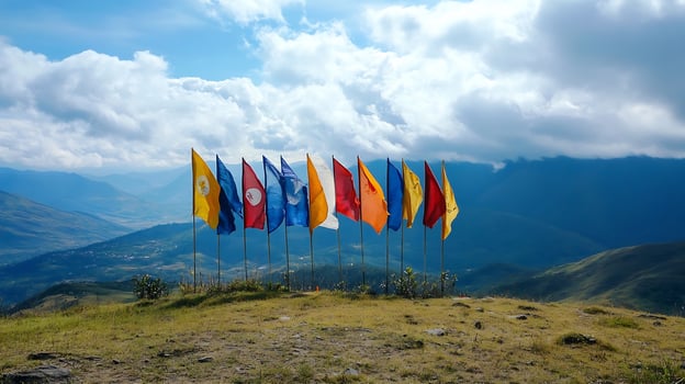 International Flags Displayed on Mountainside with Scenic Cloudy Sky photo