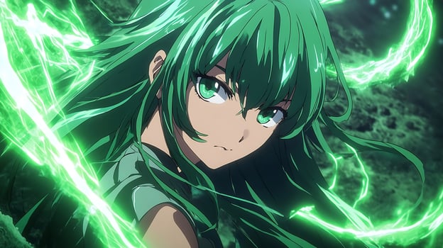 Anime Girl with Mysterious Aura and Green Hair Pulsating with Magical Energy photo