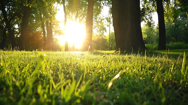 Sunset Through Lush Forest Creating Golden Sunburst Effect on Grass photo
