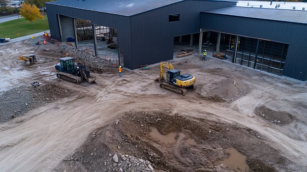 Aerial view of construction site with heavy machinery and partially built structure photo
