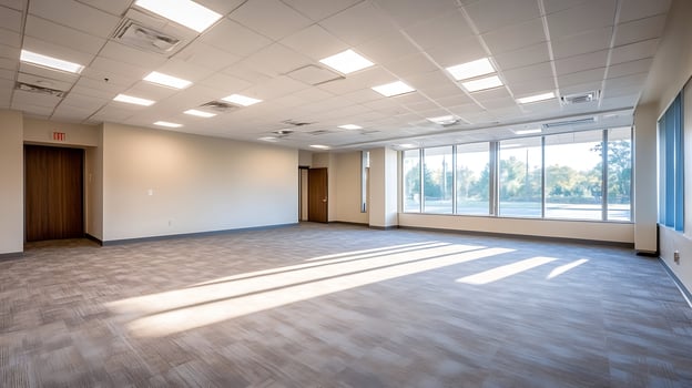 Bright and Open Office Space with Carpet Flooring and Large Windows photo