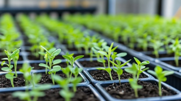 Close Up of Young Green Seedlings in Rows of Plant Nursery Trays Indoors photo