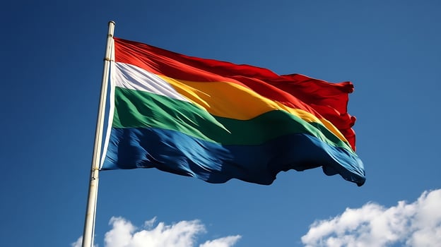 Colorful Waving Flag Against Blue Sky Representing Diverse Cultural Identities photo