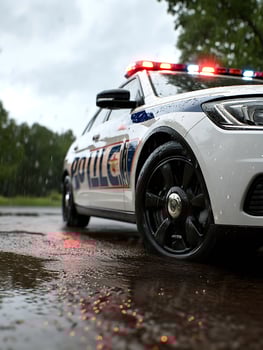 Rainy Day Scene with Police Car and Reflections on Wet Pavement photo