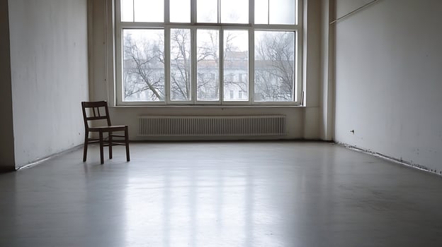 Minimalist Room with Single Wooden Chair and Large Window Offering Quiet Expansive View photo