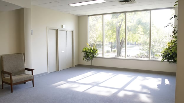 Bright Office Corner with Large Windows and Natural Light Featuring Neutral Decor photo