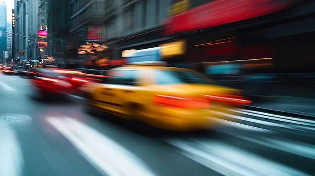 Dynamic Urban Motion Blur of Yellow Taxi in Busy City Street during Rush Hour photo