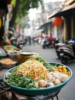 Authentic Vietnamese Street Food Platter with Fresh Vegetables and Herbs photo