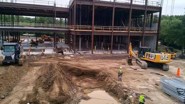 Modern Construction Site with Heavy Equipment and Steel Framework in Progress photo