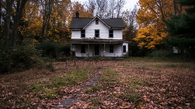 Abandoned Haunted House in Autumn Forest Perfect for Spooky Adventures and Ghost Hunting photo