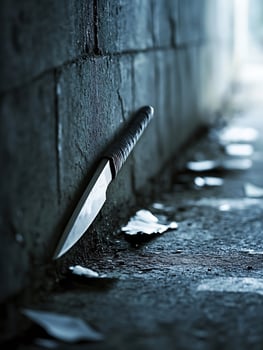 Knife resting against gritty urban wall conveying mystery and suspense photo