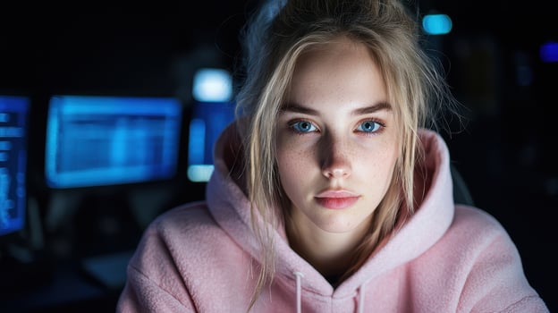 Young woman with freckles and blue eyes looking at the camera. photo