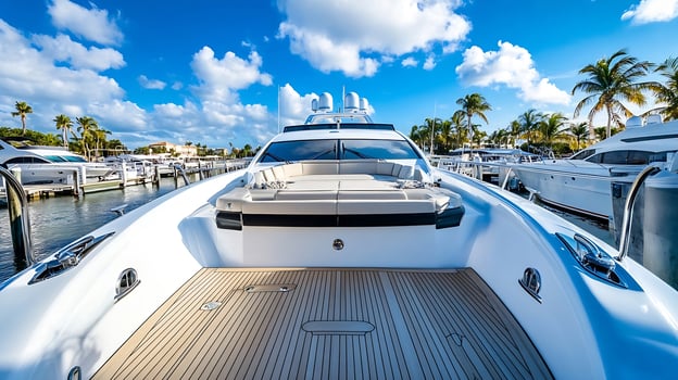 Luxury Yacht Docked in Marina with Tropical Palm Trees Under Sunny Sky photo