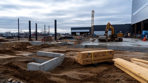 Industrial Construction Zone With Machinery and Foundations on Cloudy Day photo