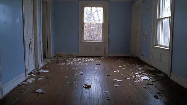 Abandoned Dilapidated Room With Peeling Blue Walls and Wooden Floor photo