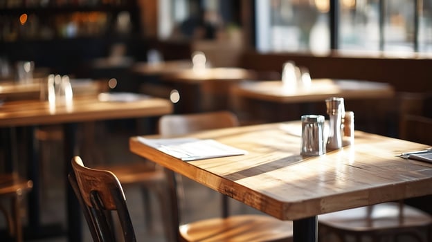 Cozy Rustic Cafe Interior with Wooden Tables in Warm Ambient Lighting photo