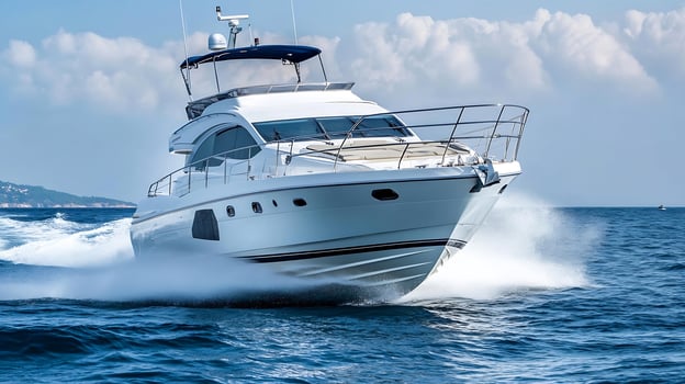High Speed Luxury Motor Yacht Cutting Through Ocean Waves in Open Sea photo