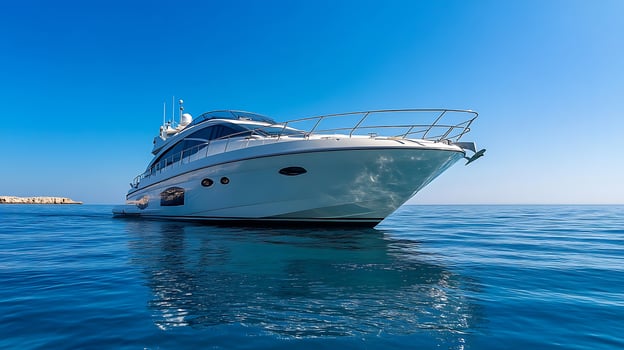 Luxury White Yacht Cruising on Clear Blue Waters With Blue Sky Background photo