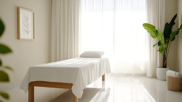 Minimalist Spa Treatment Room with Natural Light and Calming Decor for Relaxation Therapy photo