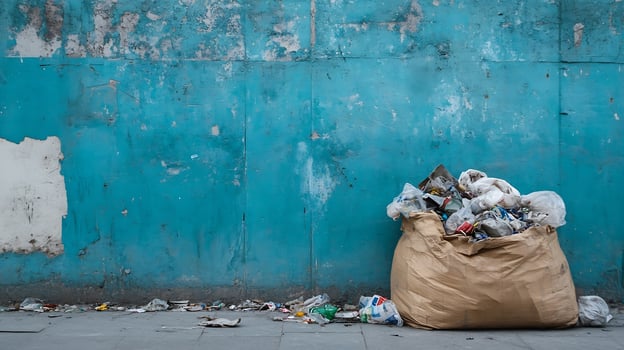 Urban Street Scene with Weathered Blue Wall and Overflowing Garbage Bags photo